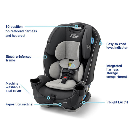 Black and gray slim-fit convertible car seat by Graco with side impact protection labels, integrated cup holders, and adjustable harness system, front view