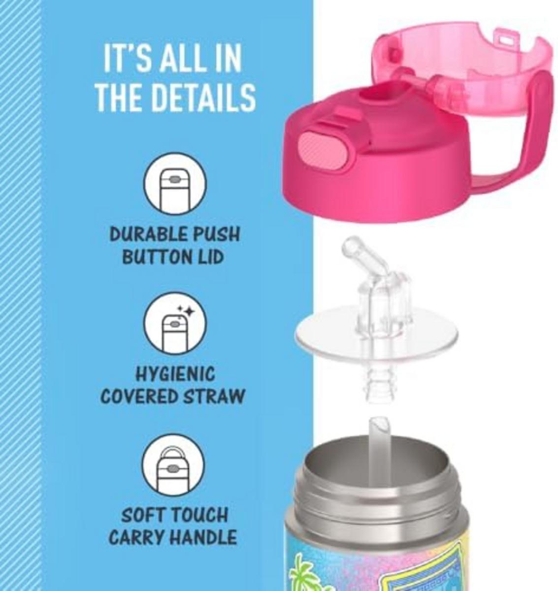 Thermos water bottle parts showing push button lid, covered straw, and carry handle features