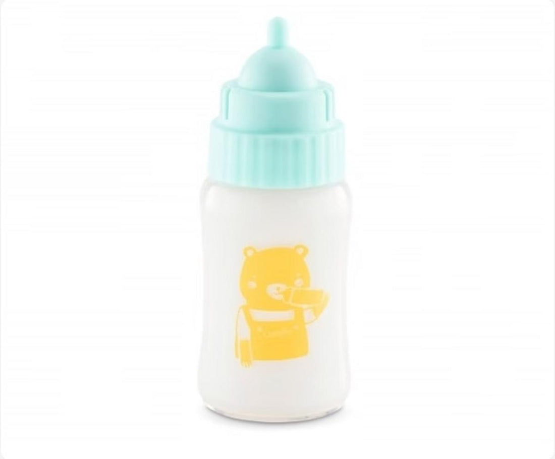 Corolle toy baby bottle with a light blue cap and a yellow bear graphic