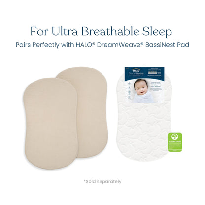 HALO BassiNest 100% Organic Cotton Muslin Fitted Sheet (2-pack) - Oat - 5332-HALO