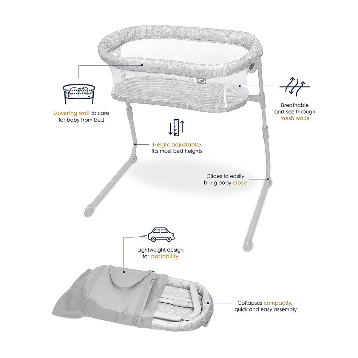 HALO BassiNest Flex Portable Bassinet - Heather Weave - 4791-HALO