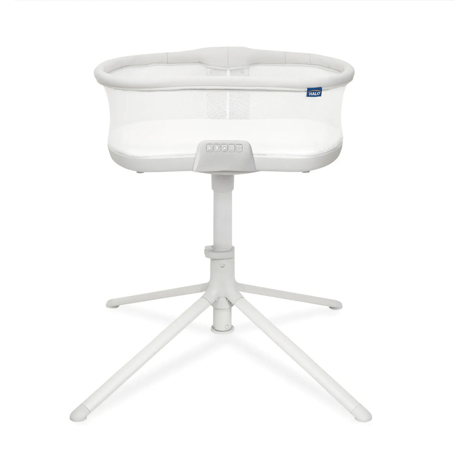 Grey Halo BassiNest Soothing Swivel Sleeper 3.0 bassinet with mesh sides, white base, and five-point stand, front view