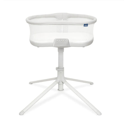 Grey Halo BassiNest Soothing Swivel Sleeper 3.0 bassinet with mesh sides, white base, and five-point stand, front view