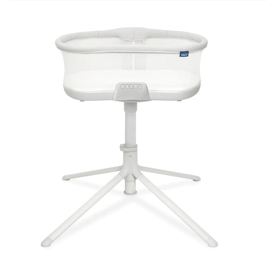 Grey Halo BassiNest Soothing Swivel Sleeper 3.0 bassinet with mesh sides, white base, and five-point stand, front view