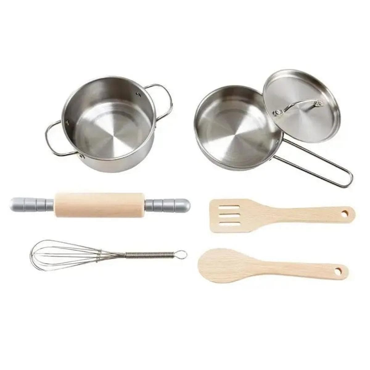 Toy stainless steel pots and pans with wooden kitchen utensils