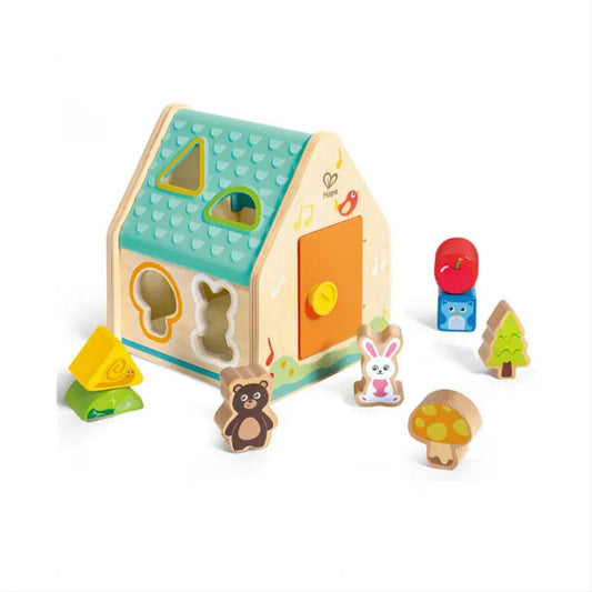Hape wooden house shape sorter toy with animal and nature themed blocks