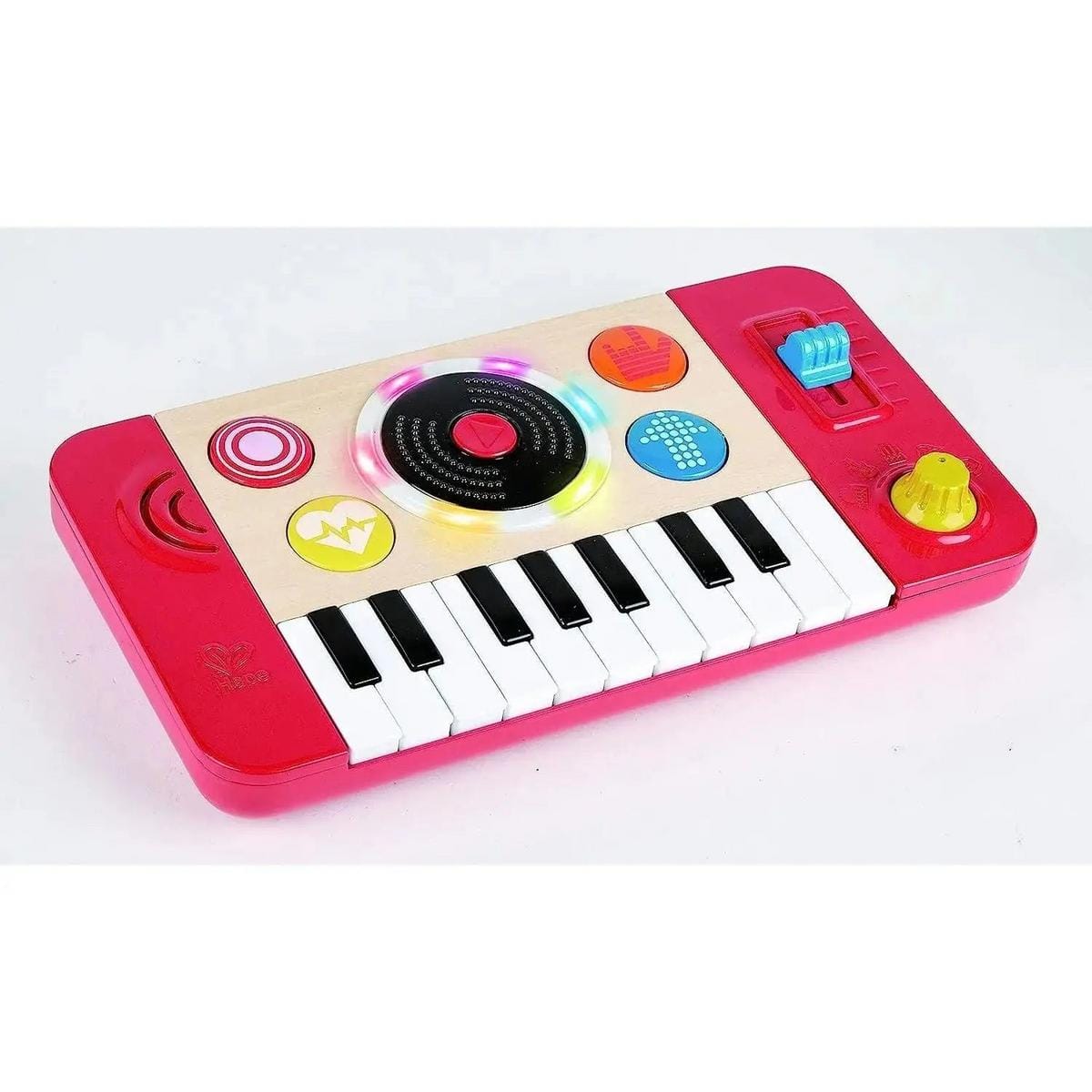 Hape electronic toy keyboard with colorful buttons and a central light up disc