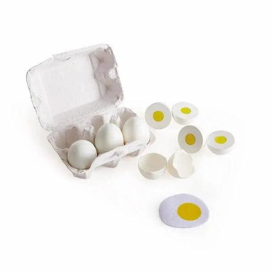 Hape wooden toy egg carton with whole and cracked eggs