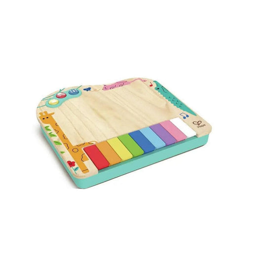 Hape wooden toy piano with colorful keys and animal illustrations