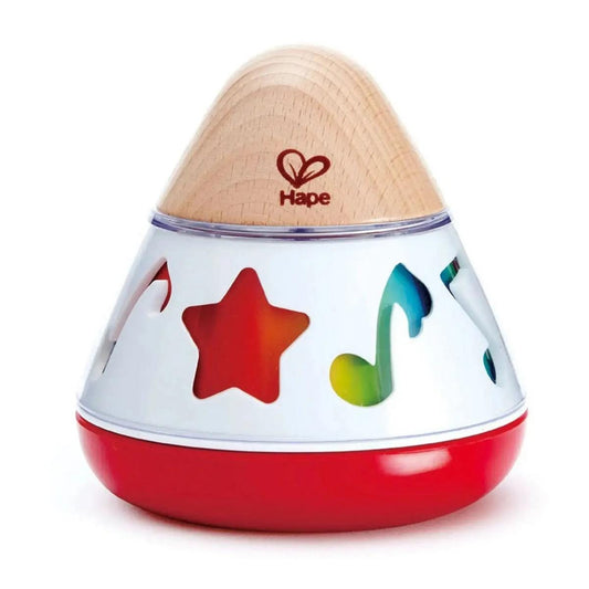 Hape musical spinning top toy with wooden top and star and music note cutouts
