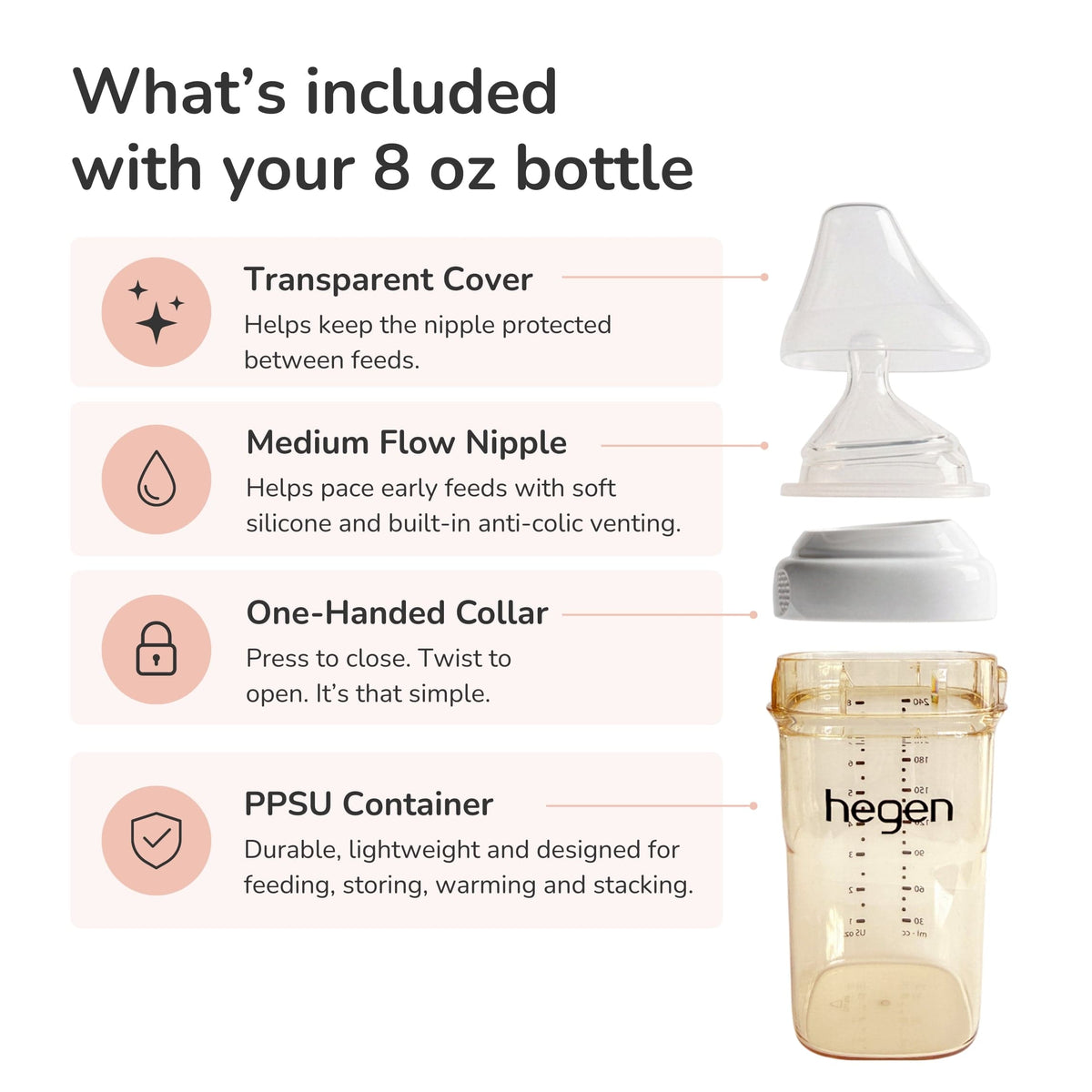 Hegen PPSU Anti-Colic Baby Bottle - 3 to 6 Months - 240ml/8oz - White - 2-Pack