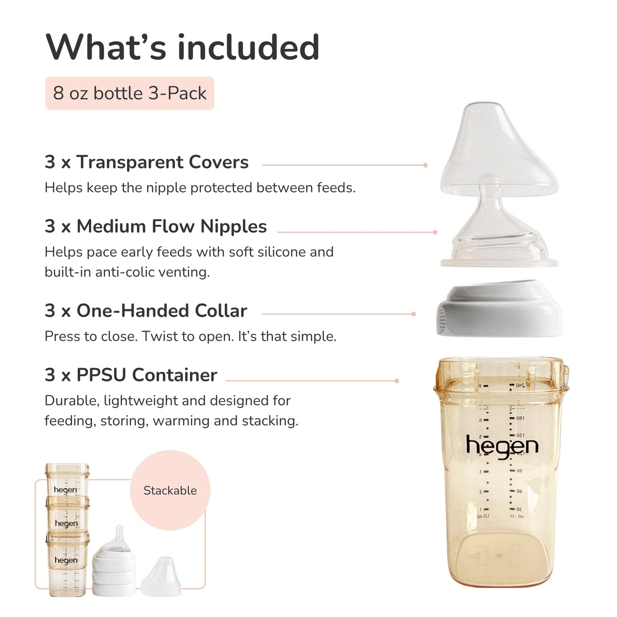 Hegen PPSU Anti-Colic Baby Bottle - 3 to 6 Months - 240ml/8oz - White - 3-Pack