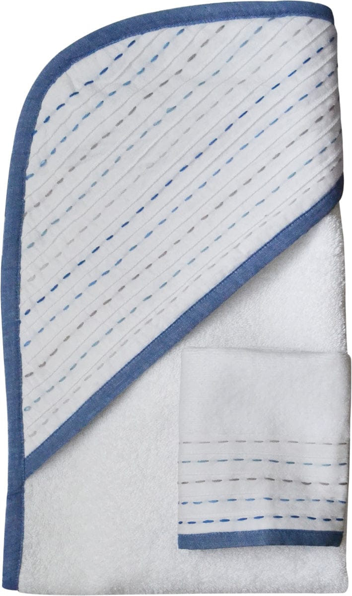 Hello Spud Organic Cotton Hooded Towel and Washcloth Set - Diagonal Pintuck Blue-Gray - HS-TLST-000091