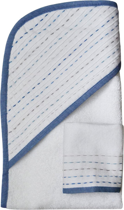 Hello Spud Organic Cotton Hooded Towel and Washcloth Set - Diagonal Pintuck Blue-Gray - HS-TLST-000091
