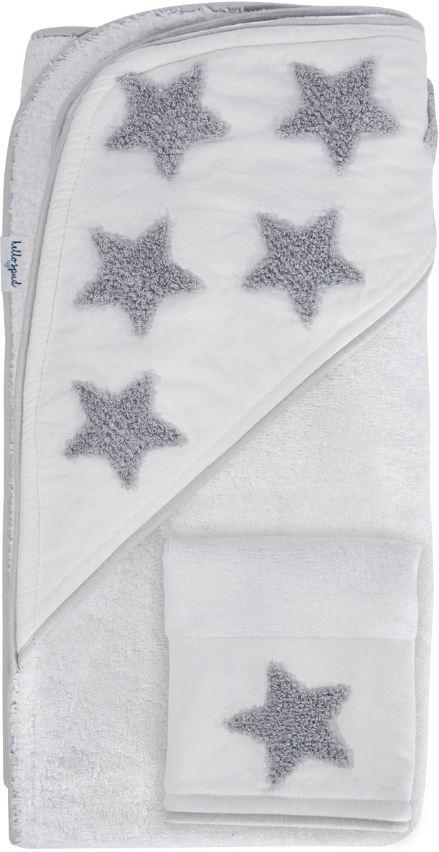 Hello Spud Organic Cotton Hooded Towel and Washcloth Set - Gray Stars - HS-TLST-000063