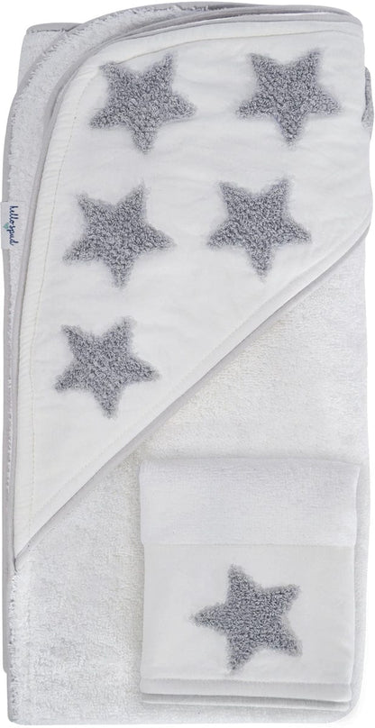 Hello Spud Organic Cotton Hooded Towel and Washcloth Set - Gray Stars - HS-TLST-000063