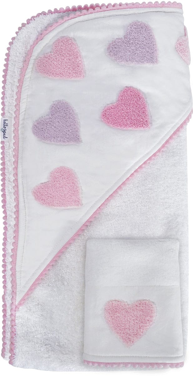 Hello Spud Organic Cotton Hooded Towel and Washcloth Set - Pink Hearts - HS-TLST-000062