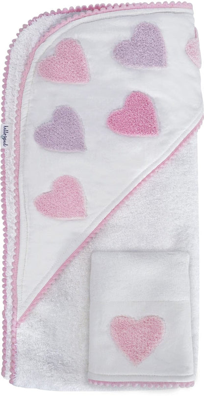 Hello Spud Organic Cotton Hooded Towel and Washcloth Set - Pink Hearts - HS-TLST-000062