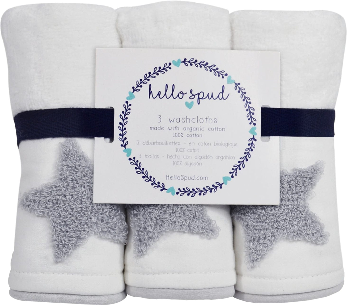 Hello Spud Organic Cotton Washcloth 3-Pack - Gray Stars - HS-WSCL-000065