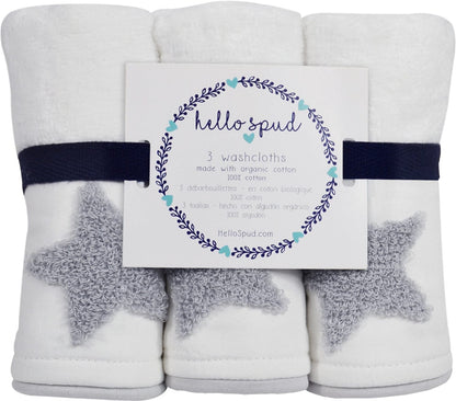 Hello Spud Organic Cotton Washcloth 3-Pack - Gray Stars - HS-WSCL-000065