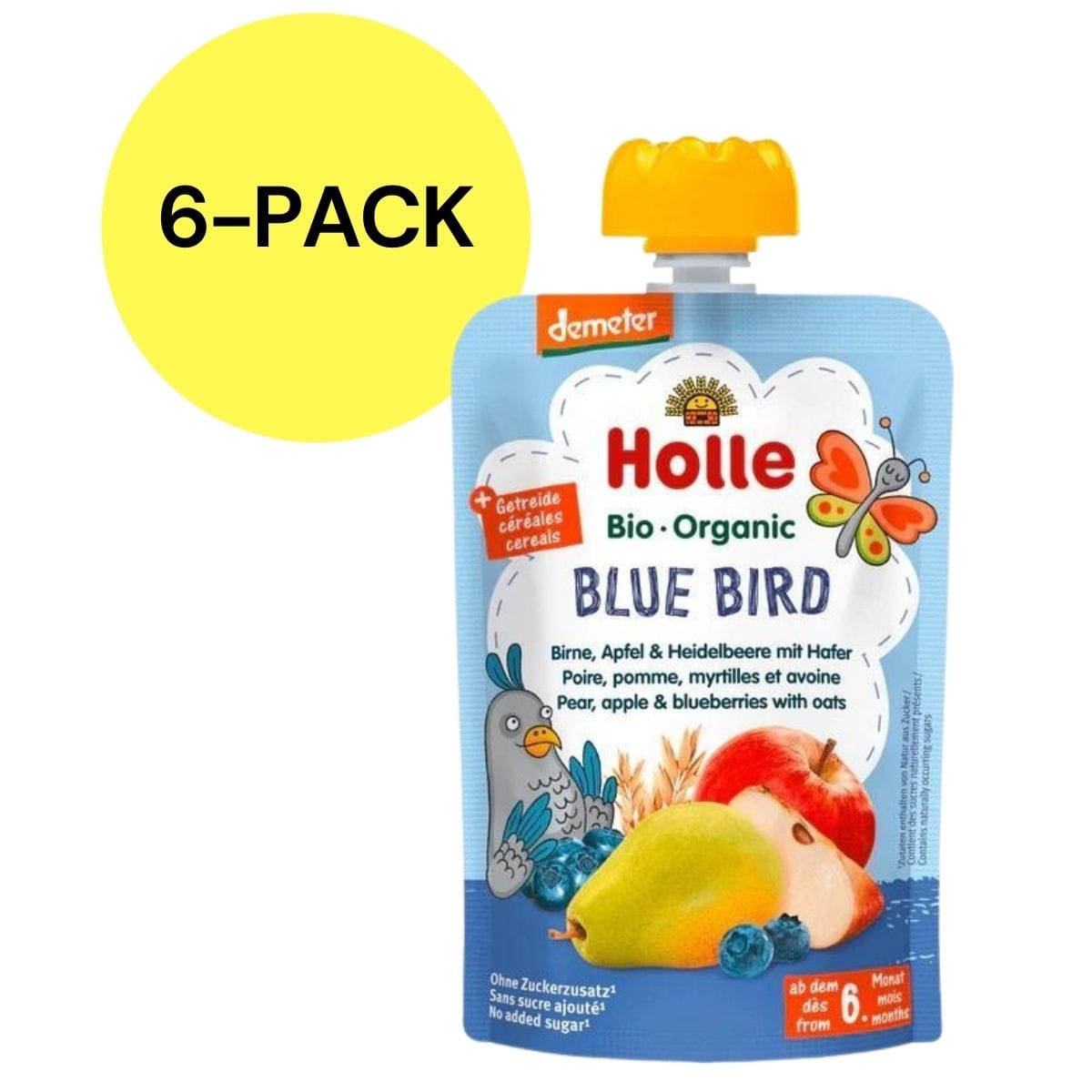 Holle Organic Pouches 6+ - Blue Bird Fruit & Grain Puree (6 Pack) - 4.26069E+12