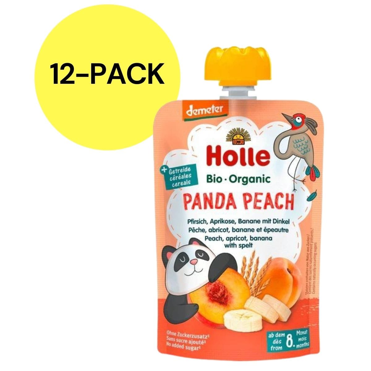 Holle Organic Pouches 6+ - Panda Peach Fruit & Grain Puree (12 Pack) - 4260688630142-12