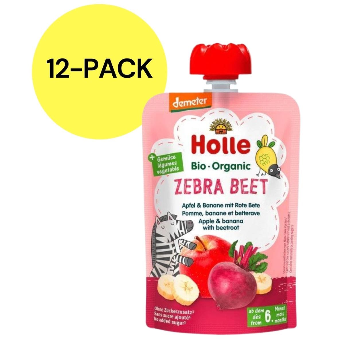 Holle Organic Pouches 6+ - Zebra Beet Fruit Puree & Veggie Juice (12 Pack) - 4260688630081-12