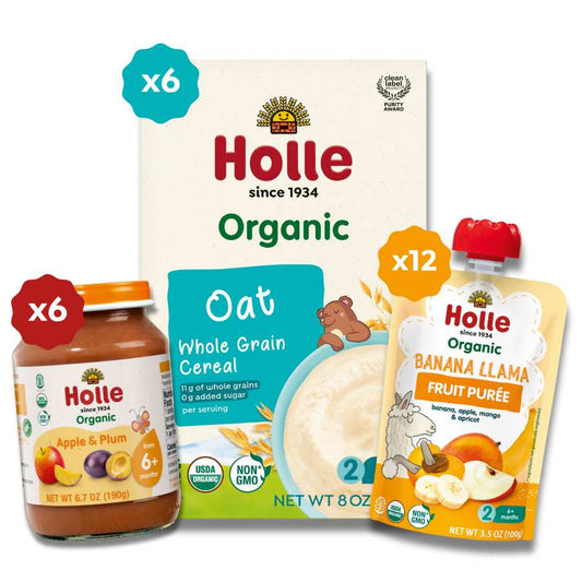 Starting Solids Variety Bundle: Apple & Plum Jars, Oat Cereal, Banana Llama - BUNDLE-APJ-OAT-LLAMA