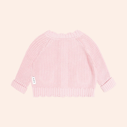 Huxbaby pink knit cardigan with bear pocket details and button front