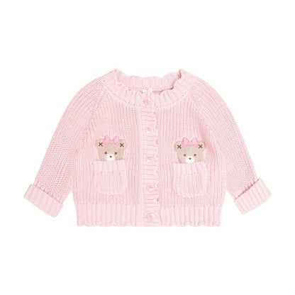 Huxbaby pink knit cardigan with bear pocket details and pink bows
