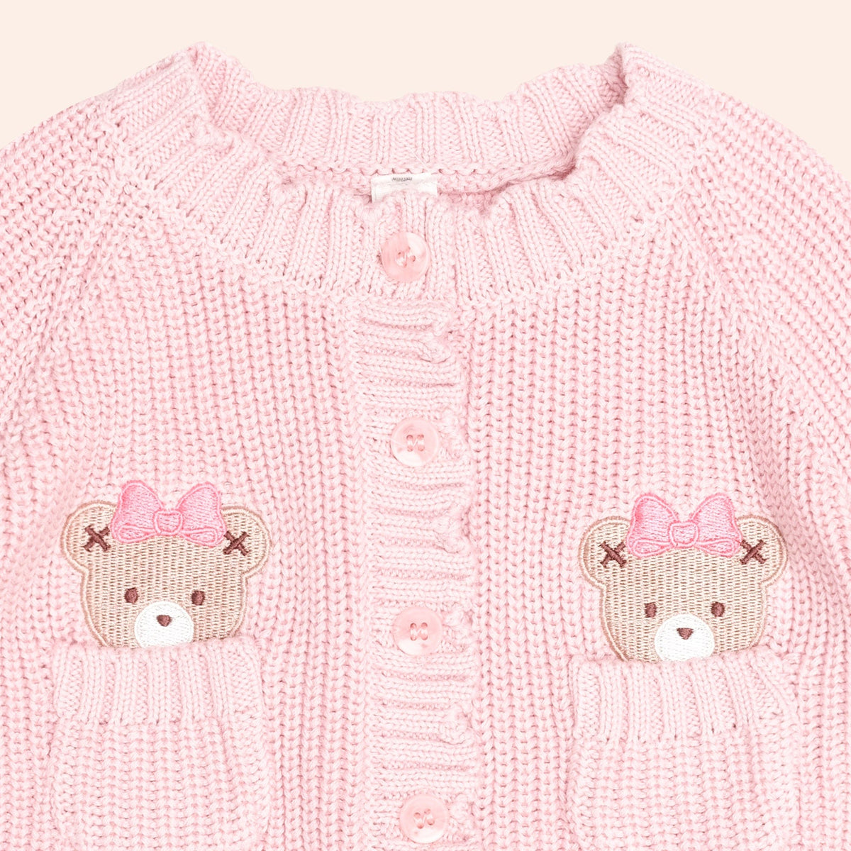 Huxbaby pink knit cardigan with bear embroidery on pockets
