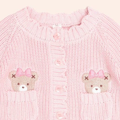 Huxbaby pink knit cardigan with bear embroidery on pockets