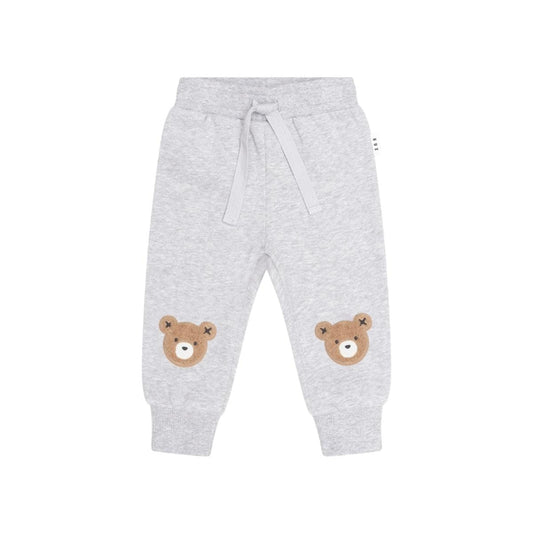 Huxbaby grey marle sweatpants with bear face patches on knees and drawstring waistband