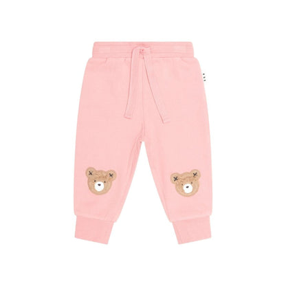 Huxbaby pink sweatpants with teddy bear knee patches and drawstring waist