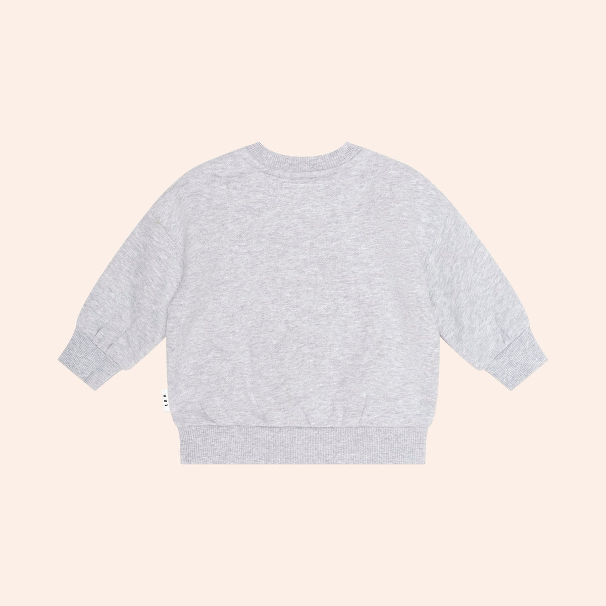 Back view of a grey Huxbaby long sleeve sweatshirt with ribbed cuffs and hem