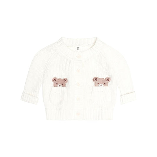 Huxbaby white knit cardigan with bear face pocket details