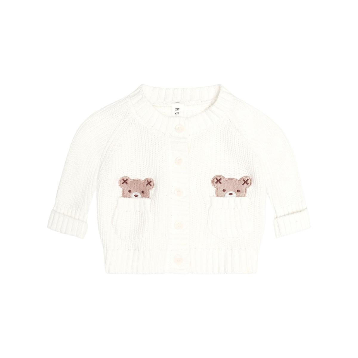 Huxbaby white knit cardigan with bear face pocket details