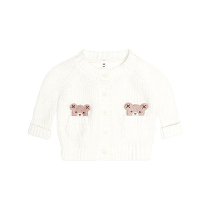 Huxbaby white knit cardigan with bear face pocket details