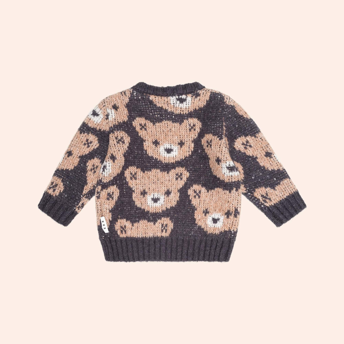 Huxbaby charcoal knit sweater with tan teddy bear pattern and ribbed trim