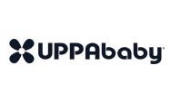 The UPPAbaby logo is dark blue. It contains a four-petal flower-like design on the left, followed by the word "UPPAbaby" in a sans-serif font.