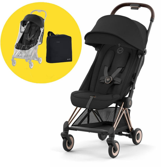 Cybex COYA Compact Stroller + Travel Accessory Bundle - Rose Gold / Sepia Black - 522004253-521001489-522005301-B