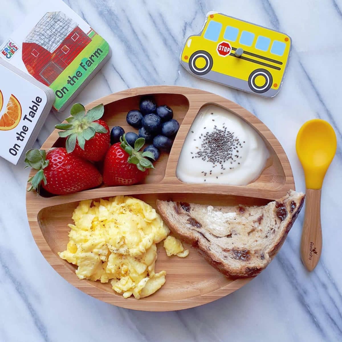 Avanchy Bamboo Suction Toddler Divided Plate + Spoon - White - WTPL
