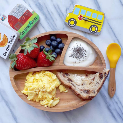 Avanchy Bamboo Suction Toddler Divided Plate + Spoon - White - WTPL