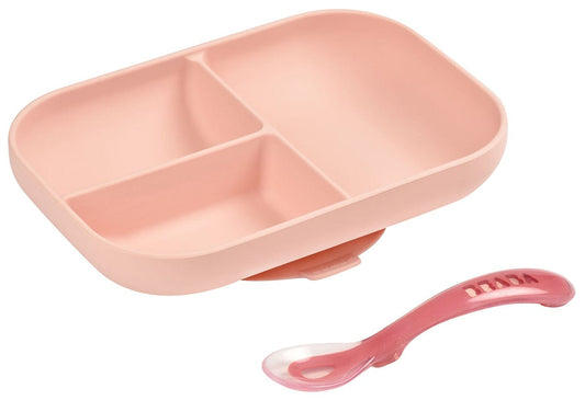 BEABA Silicone Divided Suction Plate And Spoon Set - Rose - 913456