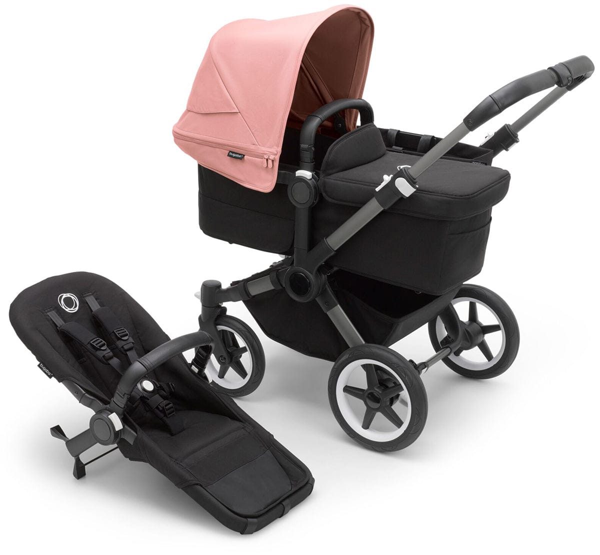 Bugaboo Donkey 5 Mono Complete Single-to-Double Stroller Bundle - Graphite / Midnight Black / Morning Pink