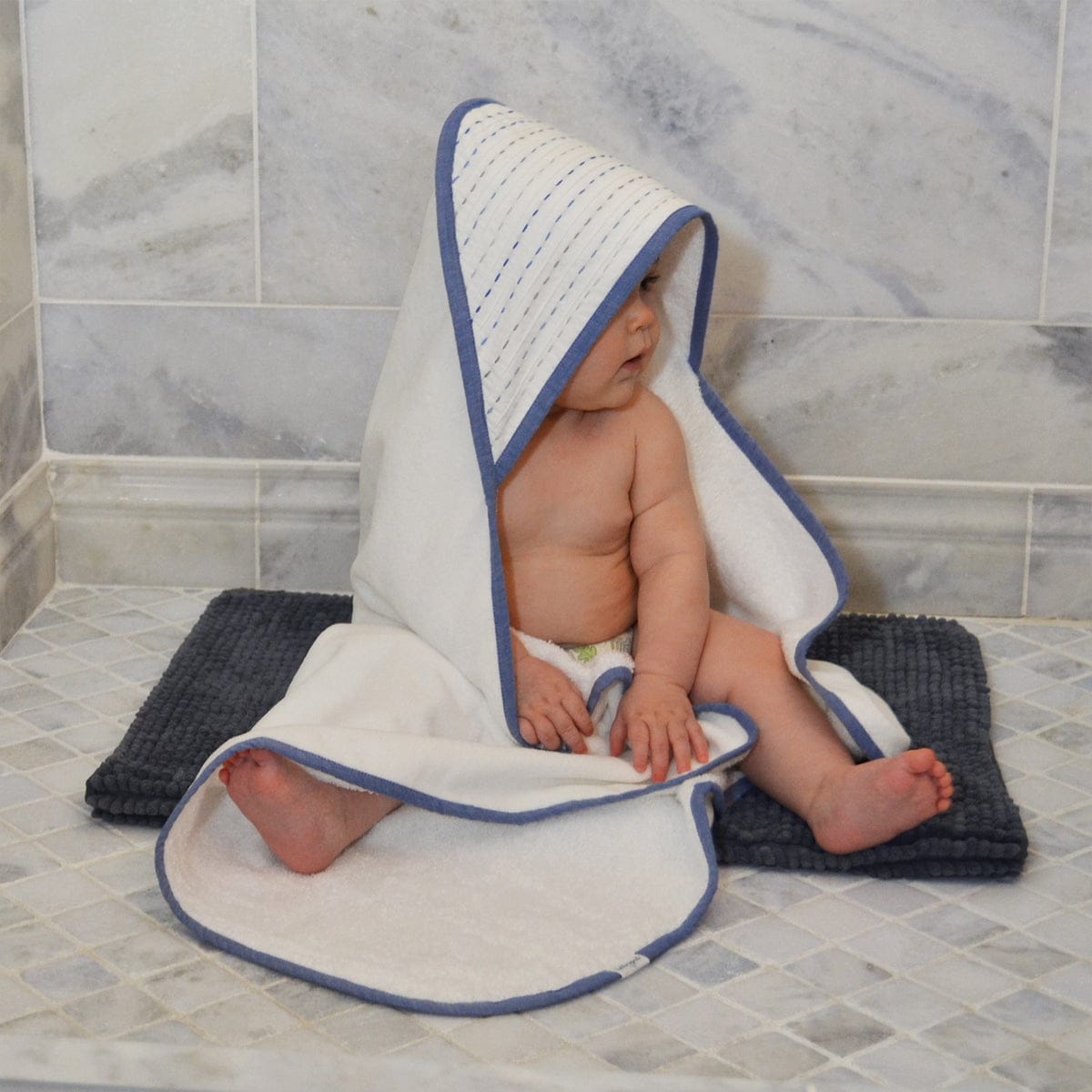 Hello Spud Organic Cotton Hooded Towel and Washcloth Set - Diagonal Pintuck Blue-Gray - HS-TLST-000091