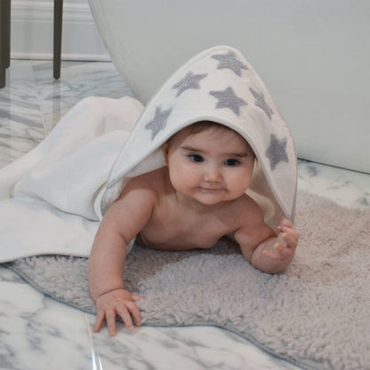Hello Spud Organic Cotton Hooded Towel and Washcloth Set - Gray Stars - HS-TLST-000063