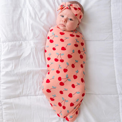 Little Sleepies Bamboo Viscose Swaddle + Headband Set - Cherry on Top - LS-SWHB-CHERR