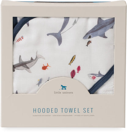Little Unicorn Cotton Hooded Towel & Washcloth - Shark - UH0037