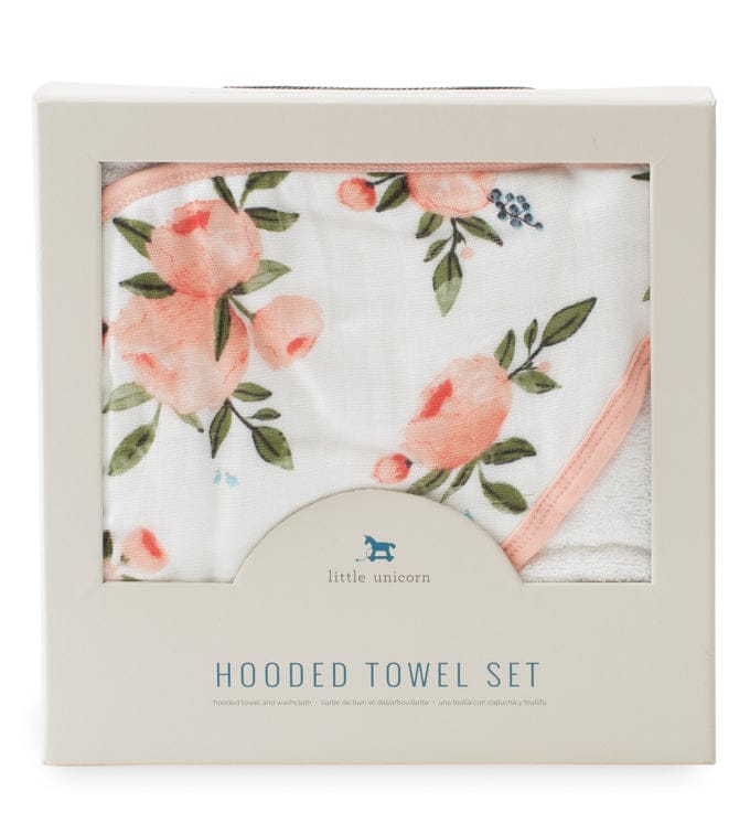 Little Unicorn Cotton Hooded Towel & Washcloth - Watercolor Roses - UH0034